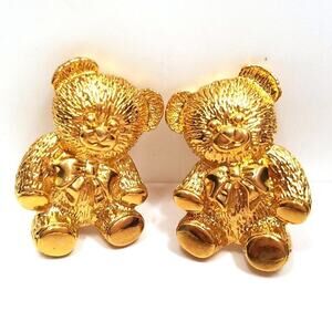 Vintage Teddy Bear Clip Gold Tone Earrings, 1 1/8 Inches